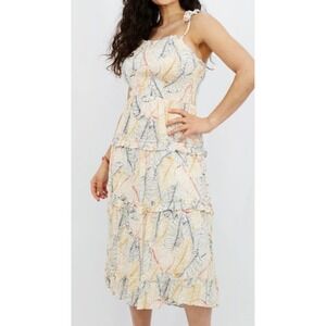 Tropical Leaf Print Smocked Tiered Midi Dress Tie Shoulder Cream Multi